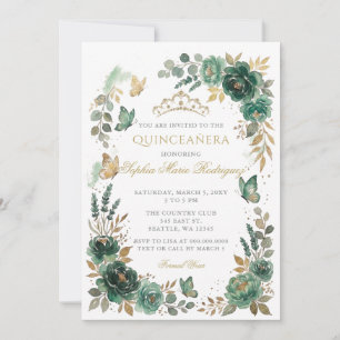 Blumen-Schmetterling-Smaragd-Gold-Tiara Quinceañer Einladung