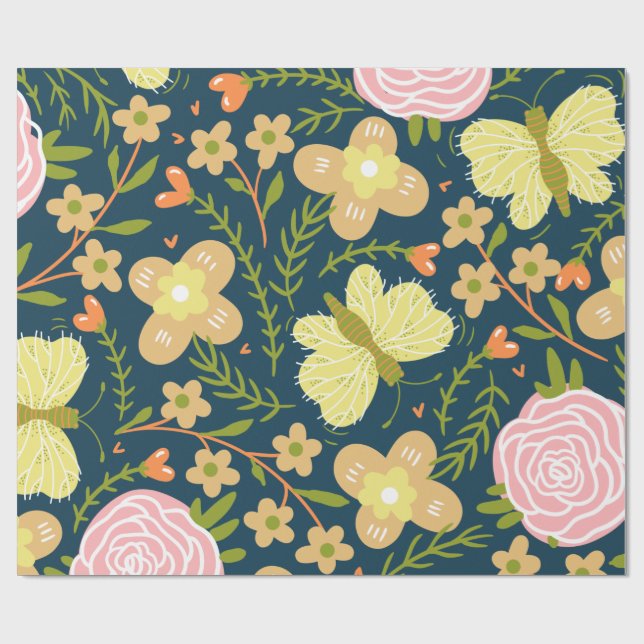 Blumen, Schmetterlinge und Glamour Nahtlos elegant Geschenkpapier (Flach)