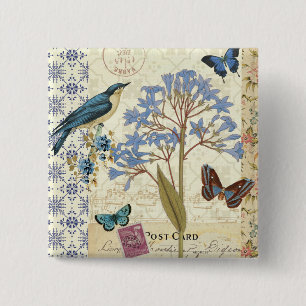 Blumen-, Schmetterlings- und Vogelcollage Button