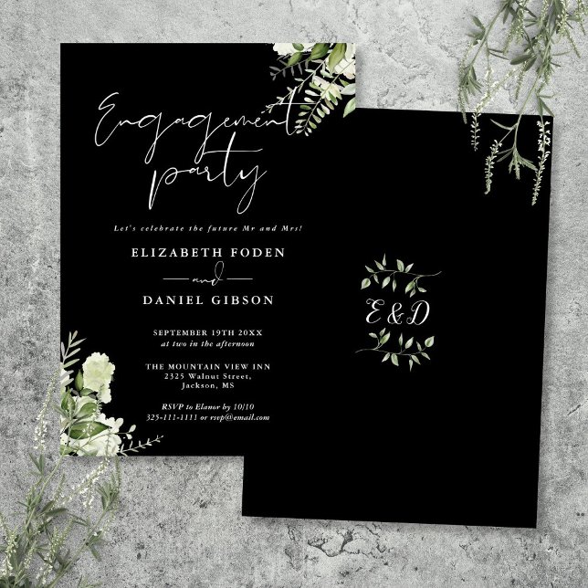 Blumen-Schwarz-Weiß-Anhänger Einladung (Floral Black And White Engagement Party Invitation)