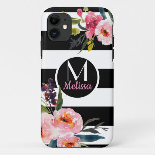Blumen - Schwarz & Weiße Streifen Monogramm Case-Mate iPhone Hülle