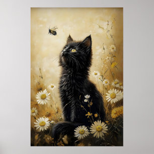 Blumen-Schwarzkatze-Druck, Wiesenkatze Vintage-Pla Poster