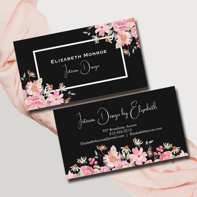 Blumen-Script-Interieur-Design Schwarz  Visitenkarte (Von Creator hochgeladen)