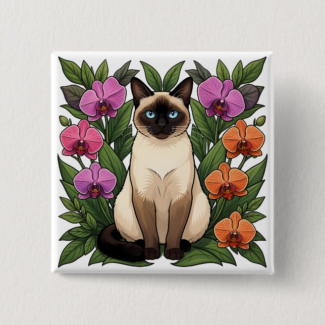 Blumen-Siamkatzen-Knopf Button (Vorderseite)