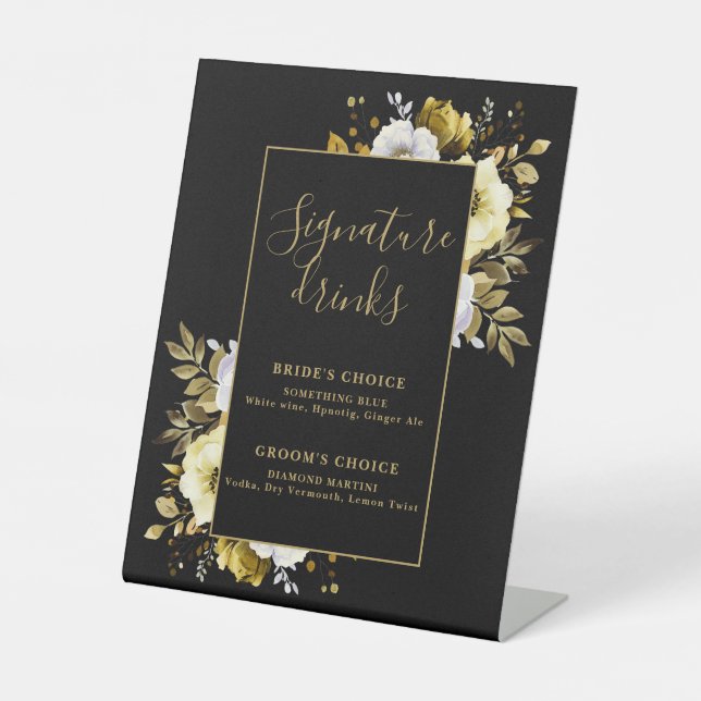 Blumen-Signaturgetränke aus Schwarz und Gold Sockelschild (Vorderseite)