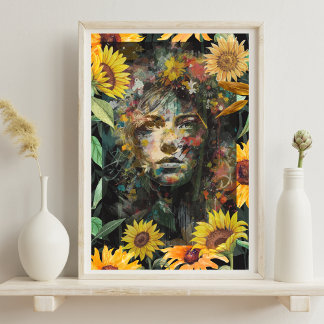 Blumen-Sonnenblumen-Collage Gelbes Frauenporträt Poster