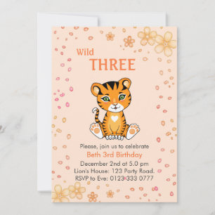 Blumen Süße Wilde Drei Tiger 3. Geburtstagseinladu Einladung