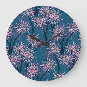 Blumen Tapete: Asiatisch navyblau, rosa. Große Wanduhr