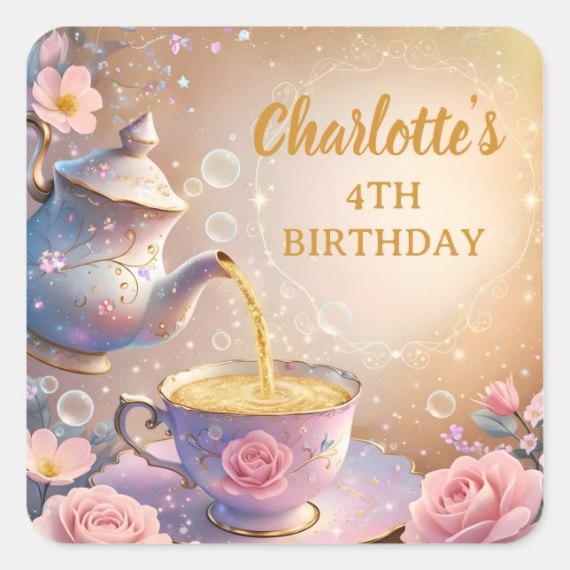Blumen-Tasse & Teekanne - Pastell-Elegante Teepart Quadratischer Aufkleber (Vorderseite)