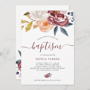 Blumen  Taufe Burgunder-Aquarell- Einladung