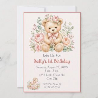 Blumen-Teddybär-Pastell-Design individuelle Geburt Einladung