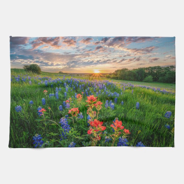 Blumen | Texas Bluebonnets & Indian Paintbrush Geschirrtuch (Horizontal)