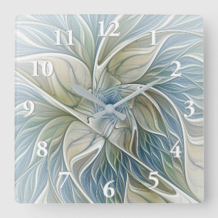 Blumen-Traum-Muster abstraktes Blau Khaki Fraktal Quadratische Wanduhr
