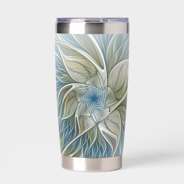 Blumen-Traum-Muster abstraktes Blau Khaki Fraktal Thermobecher (Vorderseite)