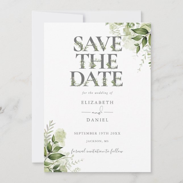Blumen-Typografie QR-Code Hochzeit Save The Date (Vorderseite)