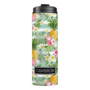 Blumen u. Ananas-aquamarine Streifen   addieren Thermosbecher