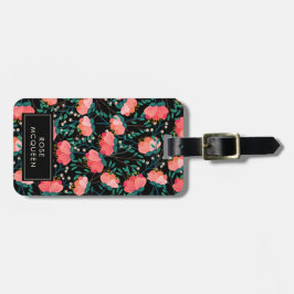 Blumen-u. Beeren-Muster - rosa u. schwarz - Name Gepäckanhänger