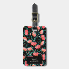Blumen-u. Beeren-Muster - rosa u. schwarz - Name Gepäckanhänger