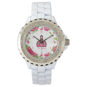 Blumen- u. rosa Schulhaus-Lehrer-Uhr Armbanduhr