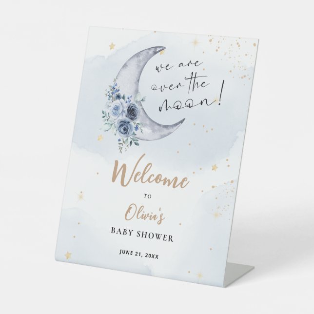 Blumen über der Mond Babydusche Empfang Sockelschild (Vorderseite)