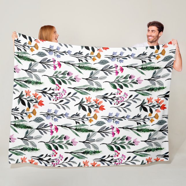 Blumen- und Blattwerk, trendfarben, weiß Fleecedecke (Beispiel)
