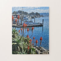 Blumen und Boote an der Küste