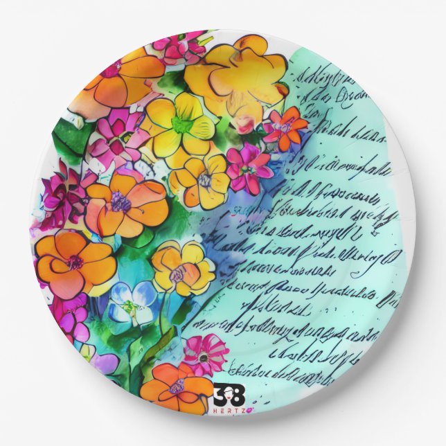 Blumen und Buchstaben Pappteller (Vorderseite)