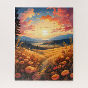 Blumen und entfernte Bergansichten Puzzle