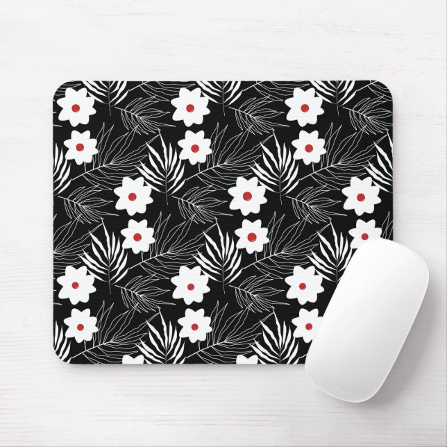 Blumen und Farne auf Schwarz Mousepad (Mit Mouse)