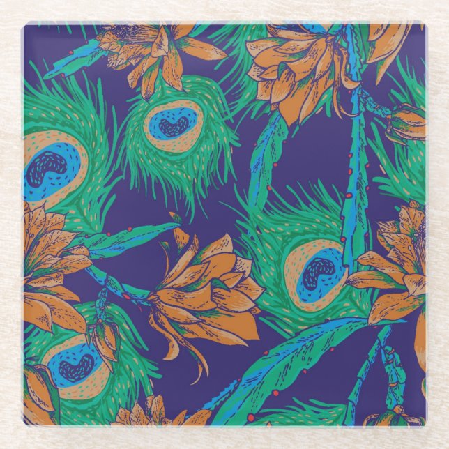 Blumen und Federn Glasuntersetzer (Vorderseite)