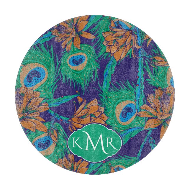Blumen und Federn | Monogramm Schneidebrett (Vorderseite)