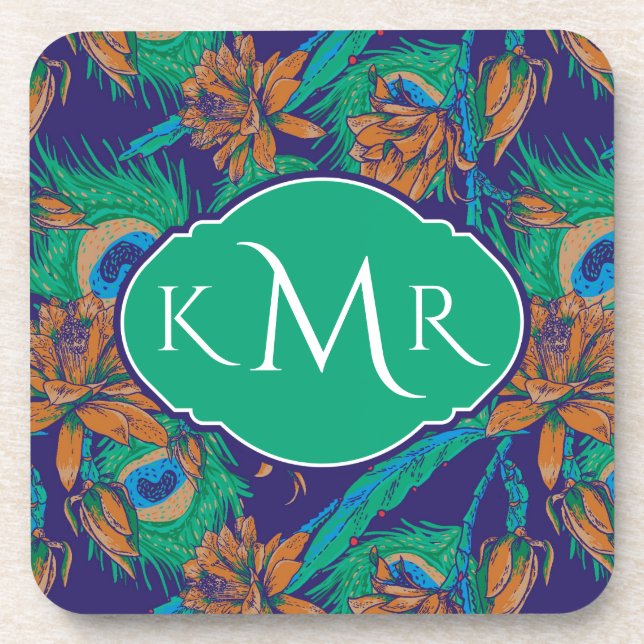Blumen und Federn | Monogramm Untersetzer (Vorderseite)