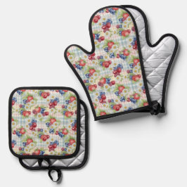 Blumen und Früchte Ofenhandschuh & Topflappen-Set