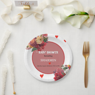 Blumen- und Herz-Baby-Shower-Einladung Pappteller