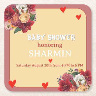 Blumen- und Herz-Baby-Shower-Einladung Rechteckiger Pappuntersetzer