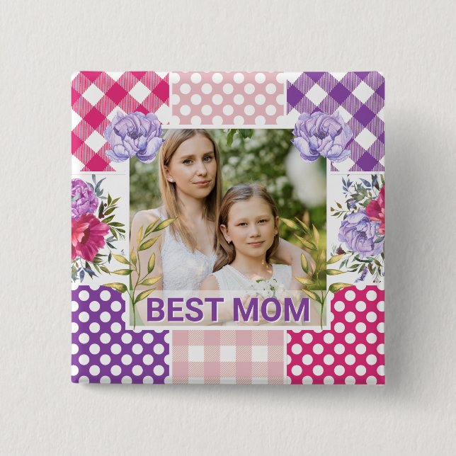 Blumen- und Karo-Fotorahmen Muttertag Button (Vorderseite)