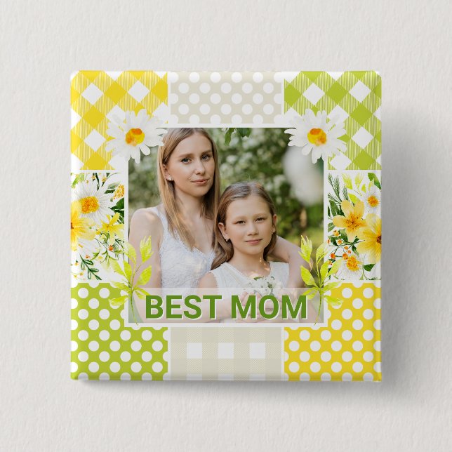 Blumen- und Karo-Fotorahmen Muttertag Button (Vorderseite)