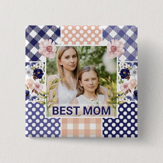 Blumen- und Karo-Fotorahmen Muttertag Button (Vorderseite)