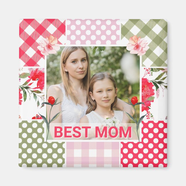 Blumen- und Karo-Fotorahmen Muttertag Magnet (Vorne)