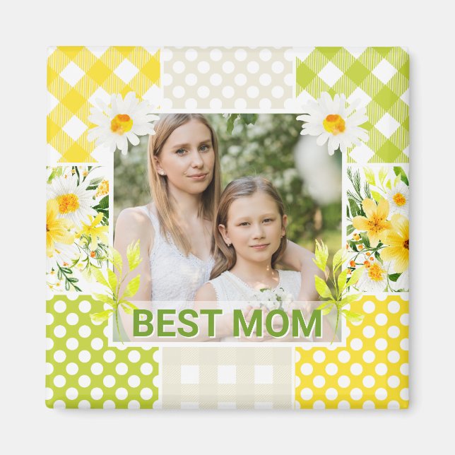 Blumen- und Karo-Fotorahmen Muttertag Magnet (Vorne)