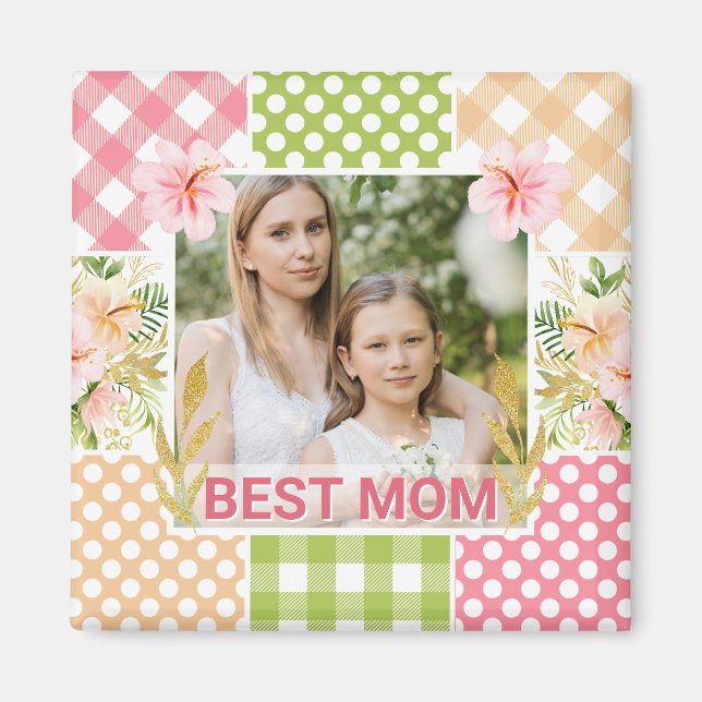 Blumen- und Karo-Fotorahmen Muttertag Magnet (Vorne)