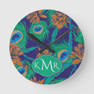 Blumen und Monogramm der Feder- Runde Wanduhr