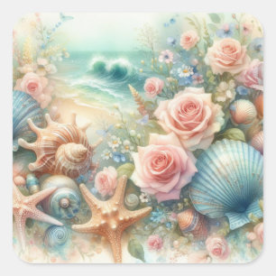 Blumen und Muscheln Aquarell in Pastellfarben Quadratischer Aufkleber