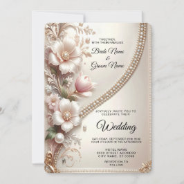 Blumen- und Perlenverzierungen Hochzeitseinladung Einladung