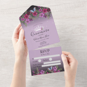 Blumen und Schmetterling Quinceanera Lila Alles Au All In One Einladung