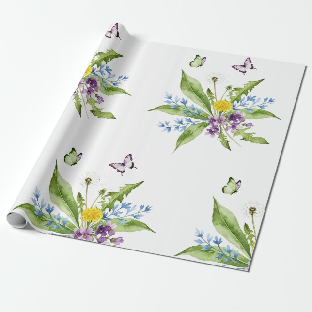 Blumen und Schmetterlinge Geschenkpapier (Ungerollt)