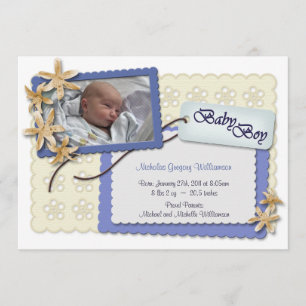 Blumen und Spitze-blaue Geburts-Mitteilungen Ankündigung