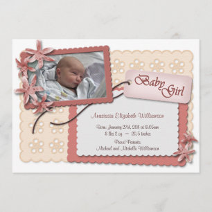 Blumen und Spitze-rosa Geburts-Mitteilungen Ankündigung