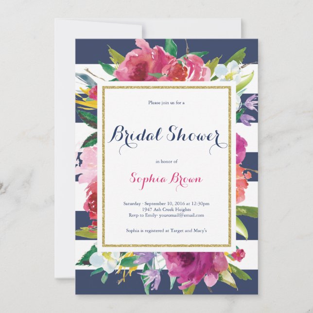 Blumen und Streifen-Brautparty Einladung (Vorderseite)