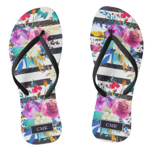 Blumen und Streifen   Trendy und helles Monogramm Flip Flops